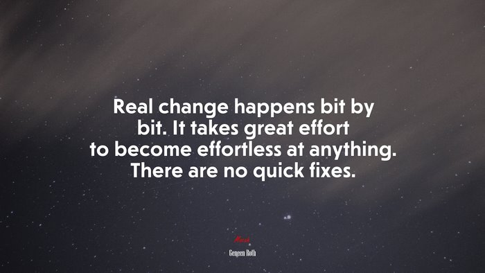 Real change happens bit by bit. It takes great effort to become effortless at anything. There are no quick fixes. | Geneen Roth quote