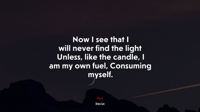 Now I see that I will never find the light Unless, like the candle, I am my own fuel, Consuming myself. | Bruce Lee quote