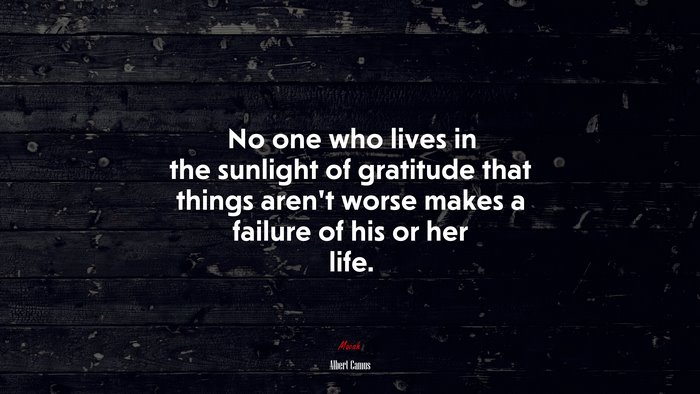 No one who lives in the sunlight of gratitude that things aren’t worse makes a failure of his or her life. | Albert Camus quote