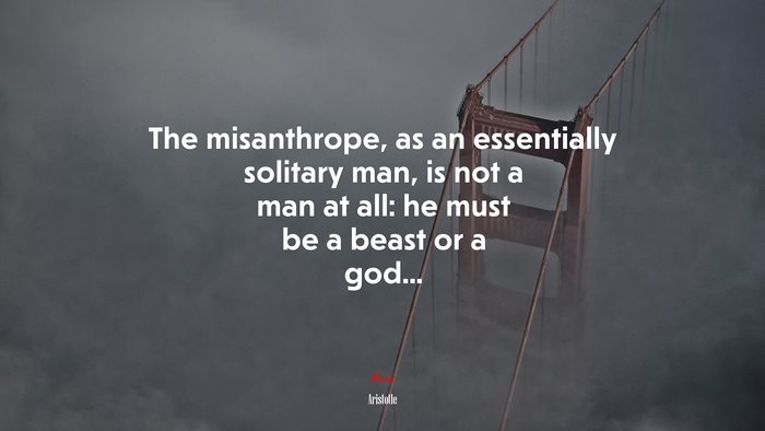The misanthrope, as an essentially solitary man, is not a man at all: he must be a beast or a god... | Aristotle quote