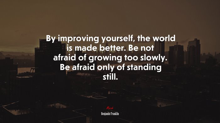 By improving yourself, the world is made better. Be not afraid of growing too slowly. Be afraid only of standing still. | Benjamin Franklin quote