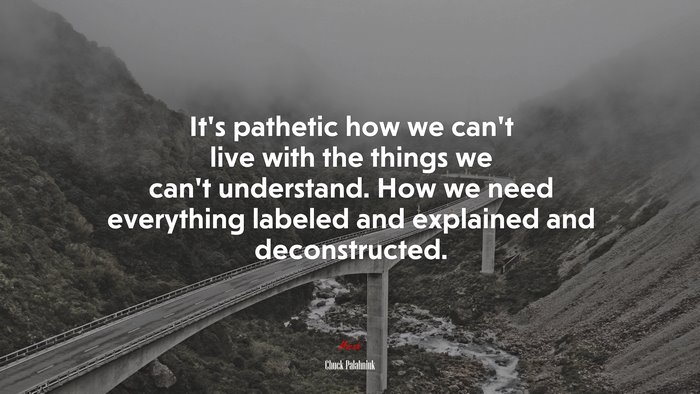 It’s pathetic how we can’t live with the things we can’t understand. How we need everything labeled and explained and deconstructed. | Chuck Palahniuk quote