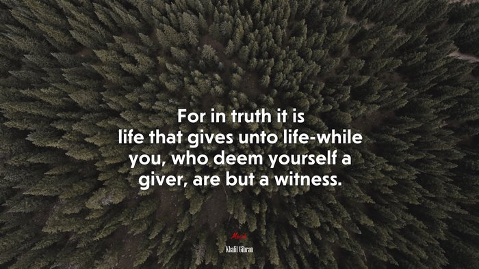 For in truth it is life that gives unto life-while you, who deem yourself a giver, are but a witness. | Khalil Gibran quote