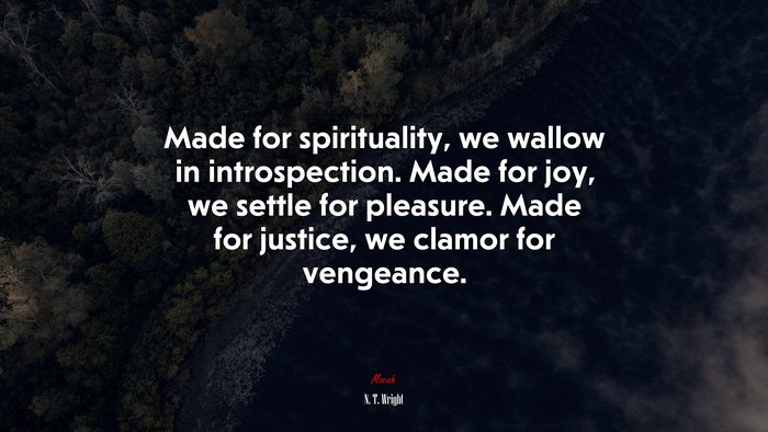 Made for spirituality, we wallow in introspection. Made for joy, we settle for pleasure. Made for justice, we clamor for vengeance. | N. T. Wright quote