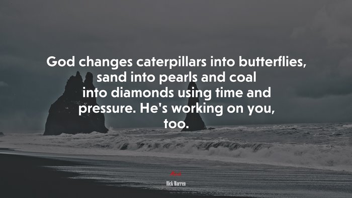 God changes caterpillars into butterflies, sand into pearls and coal into diamonds using time and pressure. He’s working on you, too. | Rick Warren quote