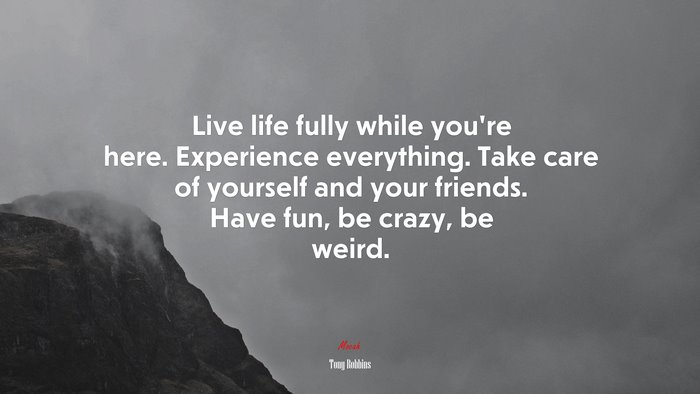 Live life fully while you’re here. Experience everything. Take care of yourself and your friends. Have fun, be crazy, be weird. | Tony Robbins quote