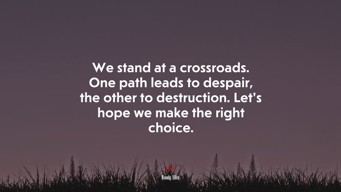 We stand at a crossroads. One path leads to despair, the other to destruction. Let’s hope we make the right choice. | Woody Allen quote
