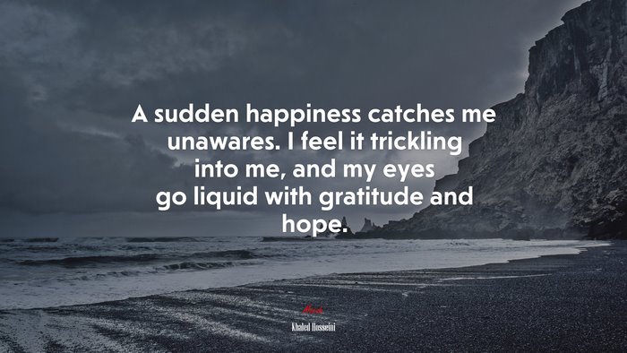 A sudden happiness catches me unawares. I feel it trickling into me, and my eyes go liquid with gratitude and hope. | Khaled Hosseini quote