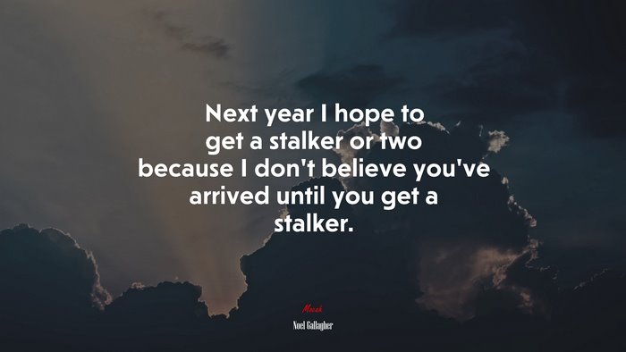 Next year I hope to get a stalker or two because I don’t believe you’ve arrived until you get a stalker. | Noel Gallagher quote