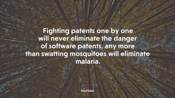 Fighting patents one by one will never eliminate the danger of software patents, any more than swatting mosquitoes will eliminate malaria. | Richard Stallman quote