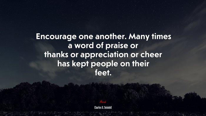 Encourage one another. Many times a word of praise or thanks or appreciation or cheer has kept people on their feet. | Charles R. Swindoll quote