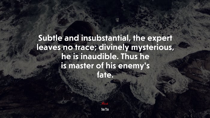 Subtle and insubstantial, the expert leaves no trace; divinely mysterious, he is inaudible. Thus he is master of his enemy’s fate. | Sun Tzu quote