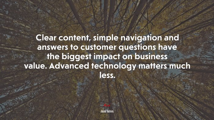 Clear content, simple navigation and answers to customer questions have the biggest impact on business value. Advanced technology matters much less. | Jakob Nielsen quote