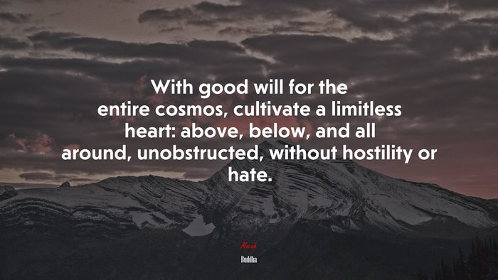 With good will for the entire cosmos, cultivate a limitless heart: above, below, and all around, unobstructed, without hostility or hate. | Buddha quote