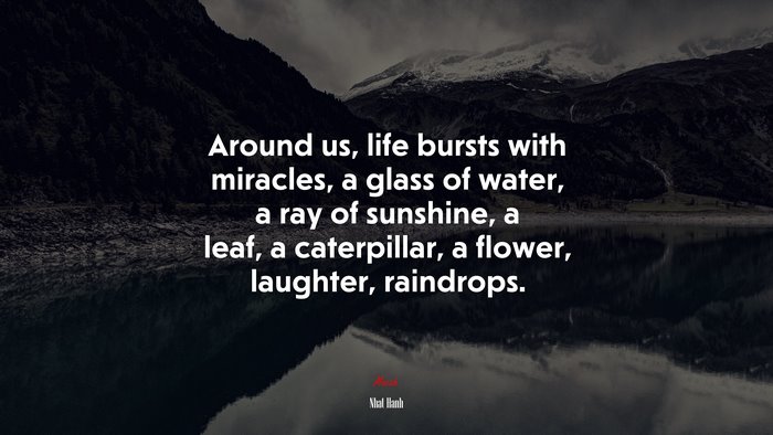 Around us, life bursts with miracles, a glass of water, a ray of sunshine, a leaf, a caterpillar, a flower, laughter, raindrops. | Nhat Hanh quote