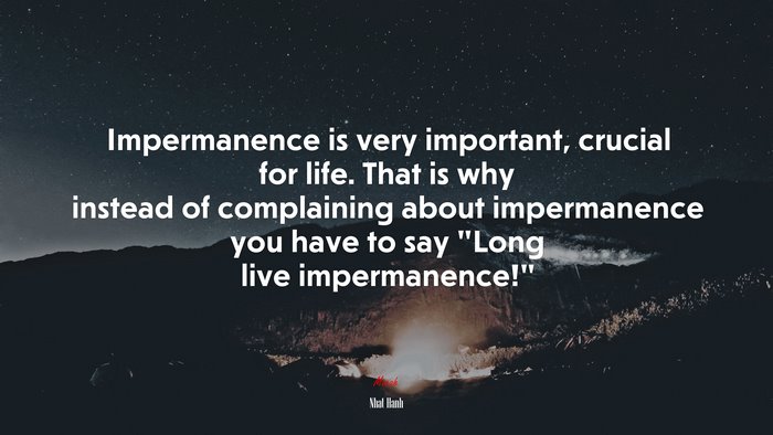 Impermanence is very important, crucial for life. That is why instead of complaining about impermanence you have to say “Long live impermanence!” | Nhat Hanh quote