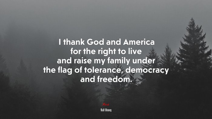 I thank God and America for the right to live and raise my family under the flag of tolerance, democracy and freedom. | Walt Disney quote