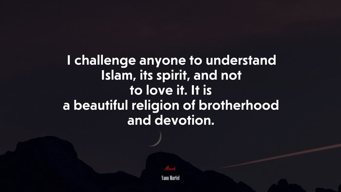 I challenge anyone to understand Islam, its spirit, and not to love it. It is a beautiful religion of brotherhood and devotion. | Yann Martel quote