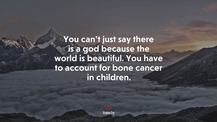 You can’t just say there is a god because the world is beautiful. You have to account for bone cancer in children. | Stephen Fry quote