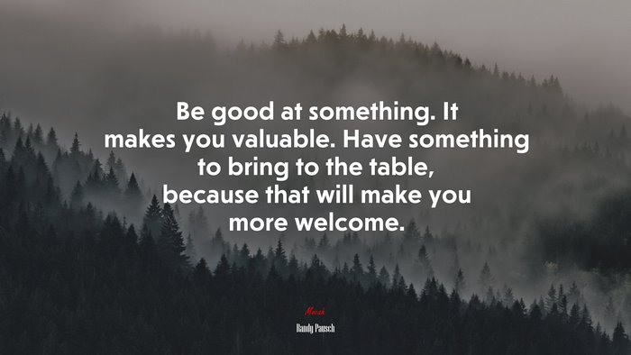 Be good at something. It makes you valuable. Have something to bring to the table, because that will make you more welcome. | Randy Pausch quote