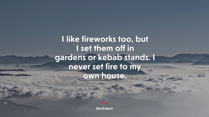 I like fireworks too, but I set them off in gardens or kebab stands. I never set fire to my own house. | Zlatan Ibrahimovic quote