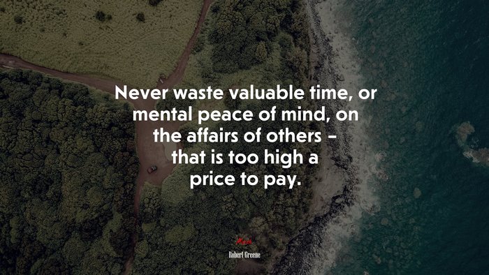Never waste valuable time, or mental peace of mind, on the affairs of others – that is too high a price to pay. | Robert Greene quote