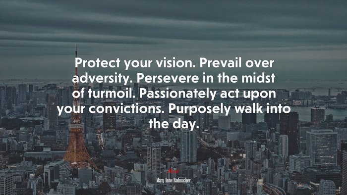 Protect your vision. Prevail over adversity. Persevere in the midst of turmoil. Passionately act upon your convictions. Purposely walk into the day. | Mary Anne Radmacher quote