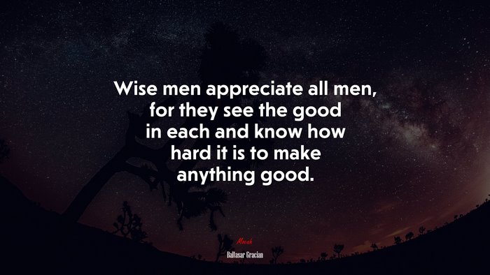 Wise men appreciate all men, for they see the good in each and know how hard it is to make anything good. | Baltasar Gracián quote