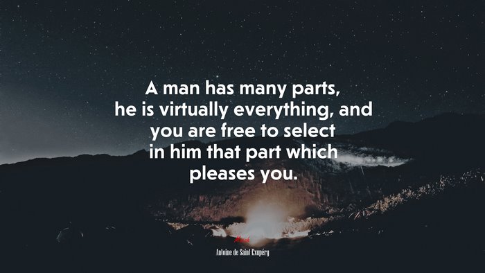 A man has many parts, he is virtually everything, and you are free to select in him that part which pleases you. | Antoine de Saint-Exupéry quote