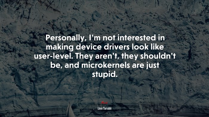 Personally, I’m not interested in making device drivers look like user-level. They aren’t, they shouldn’t be, and microkernels are just stupid. | Linus Torvalds quote