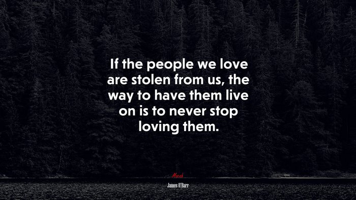 If the people we love are stolen from us, the way to have them live on is to never stop loving them. | James OBarr quote
