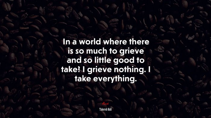 In a world where there is so much to grieve and so little good to take? I grieve nothing. I take everything. | Tahereh Mafi quote