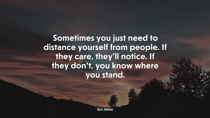 Sometimes you just need to distance yourself from people. If they care, they’ll notice. If they don’t, you know where you stand. | Ziad K. Abdelnour quote