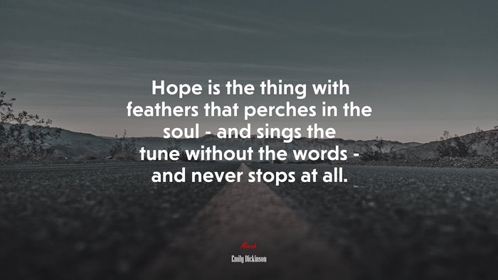 Hope is the thing with feathers that perches in the soul - and sings the tune without the words - and never stops at all. | Emily Dickinson quote