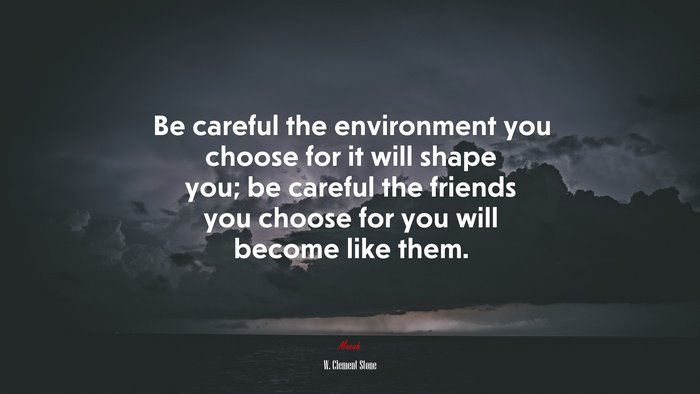 Be careful the environment you choose for it will shape you; be careful the friends you choose for you will become like them. | W. Clement Stone quote