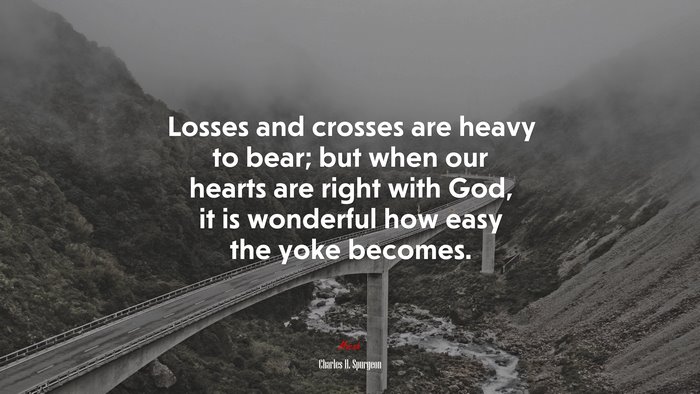 Losses and crosses are heavy to bear; but when our hearts are right with God, it is wonderful how easy the yoke becomes. | Charles H. Spurgeon quote
