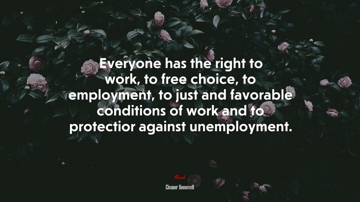 Everyone has the right to work, to free choice, to employment, to just and favorable conditions of work and to protectior against unemployment. | Eleanor Roosevelt quote