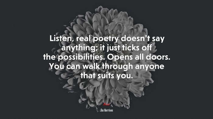 Listen, real poetry doesn’t say anything; it just ticks off the possibilities. Opens all doors. You can walk through anyone that suits you. | Jim Morrison quote