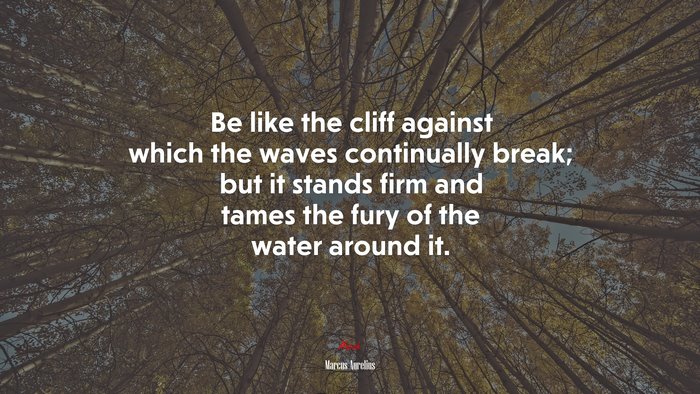 Be like the cliff against which the waves continually break; but it stands firm and tames the fury of the water around it. | Marcus Aurelius quote