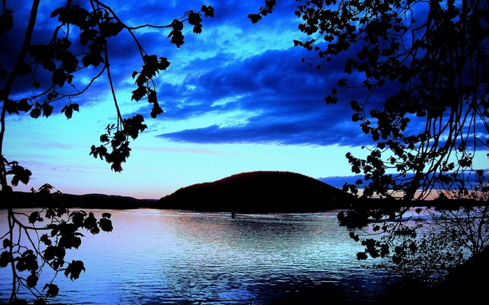 Silhouette of trees framing a lake at dusk