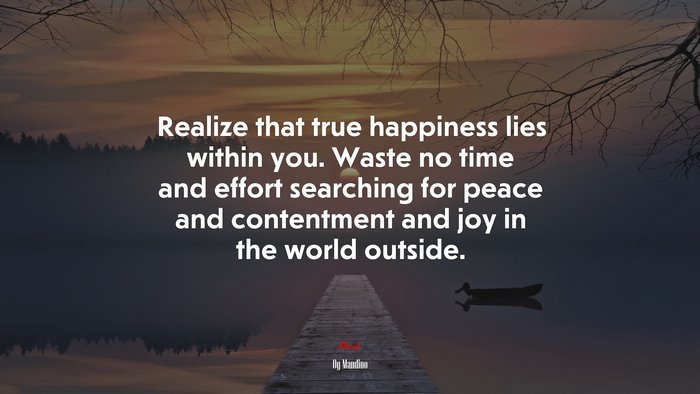 Realize that true happiness lies within you. Waste no time and effort searching for peace and contentment and joy in the world outside. | Og Mandino quote