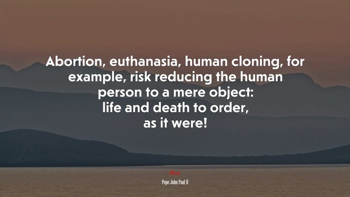 Abortion, euthanasia, human cloning, for example, risk reducing the human person to a mere object: life and death to order, as it were! | Pope John Paul II quote