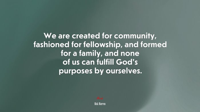 We are created for community, fashioned for fellowship, and formed for a family, and none of us can fulfill God’s purposes by ourselves. | Rick Warren quote
