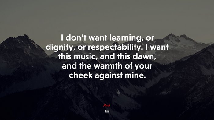 I don’t want learning, or dignity, or respectability. I want this music, and this dawn, and the warmth of your cheek against mine. | Rumi quote