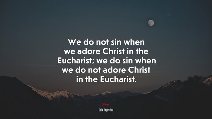 We do not sin when we adore Christ in the Eucharist; we do sin when we do not adore Christ in the Eucharist. | Saint Augustine quote