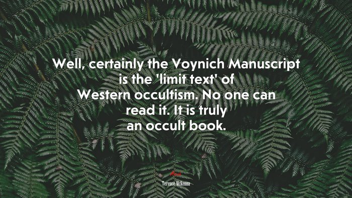 Well, certainly the Voynich Manuscript is the ‘limit text’ of Western occultism. No one can read it. It is truly an occult book. | Terence McKenna quote