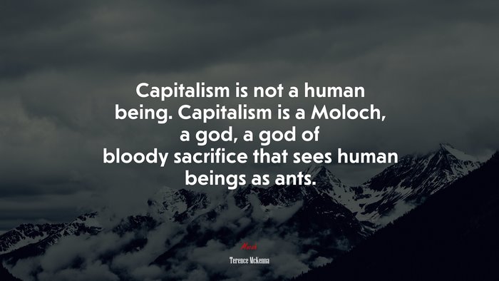 Capitalism is not a human being. Capitalism is a Moloch, a god, a god of bloody sacrifice that sees human beings as ants. | Terence McKenna quote