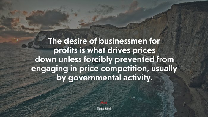 The desire of businessmen for profits is what drives prices down unless forcibly prevented from engaging in price competition, usually by governmental activity. | Thomas Sowell quote