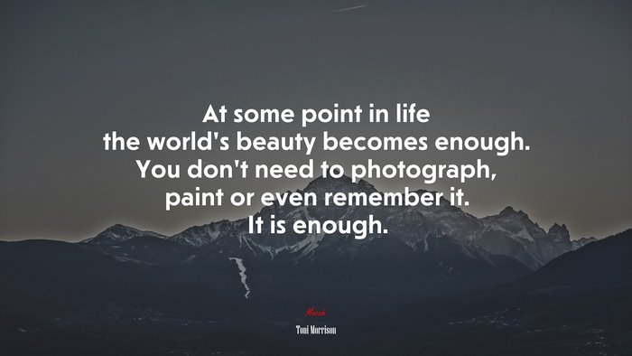At some point in life the world’s beauty becomes enough. You don’t need to photograph, paint or even remember it. It is enough. | Toni Morrison quote