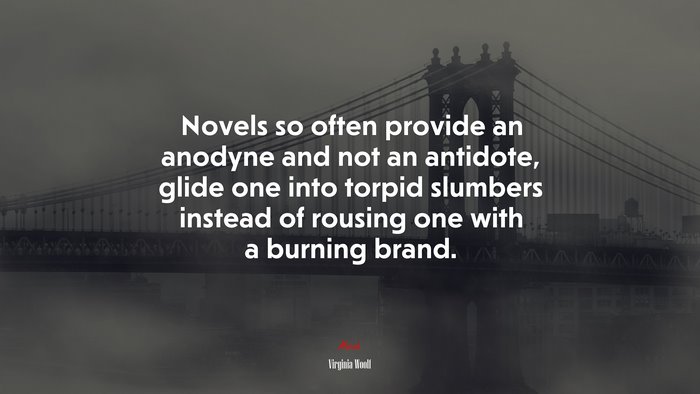Novels so often provide an anodyne and not an antidote, glide one into torpid slumbers instead of rousing one with a burning brand. | Virginia Woolf quote